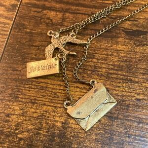 Vintage Bronze Je T'aime Bird and Envelope Charm Necklace Romantic Cottagecore